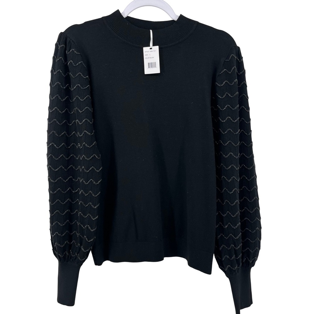 Vila Milano Womens Black Puff Sleeve Metallic Chevron Knit Sweater Large New